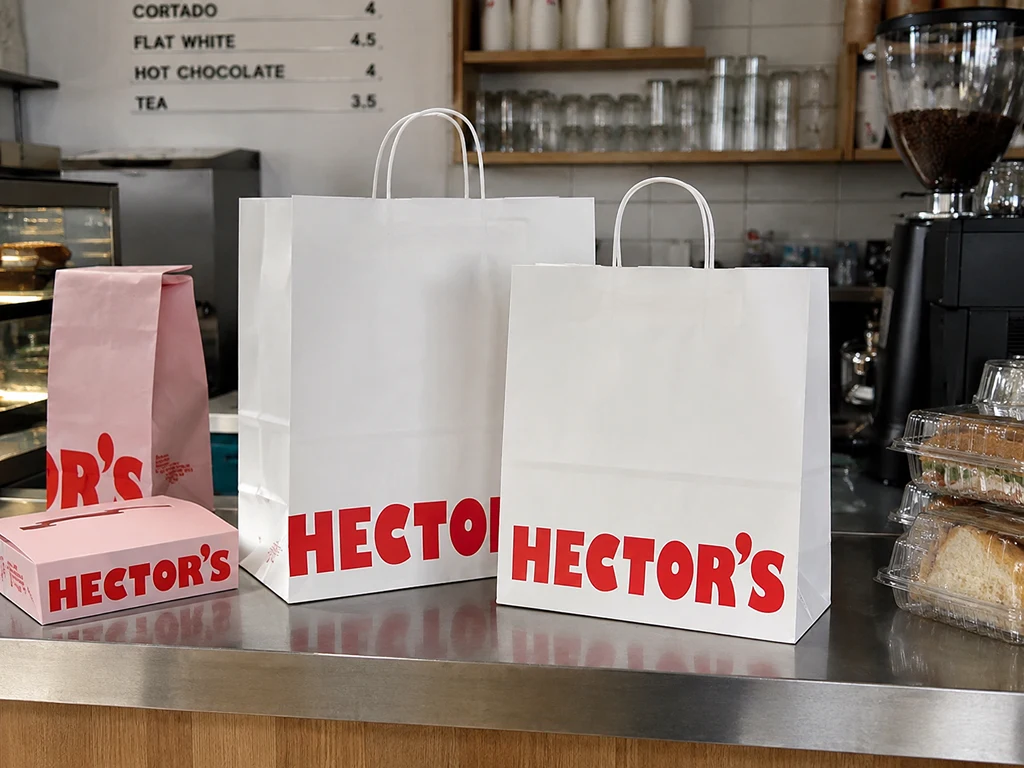 Large white Hector’s Deli branded paper bags for food takeaway packaging (1)