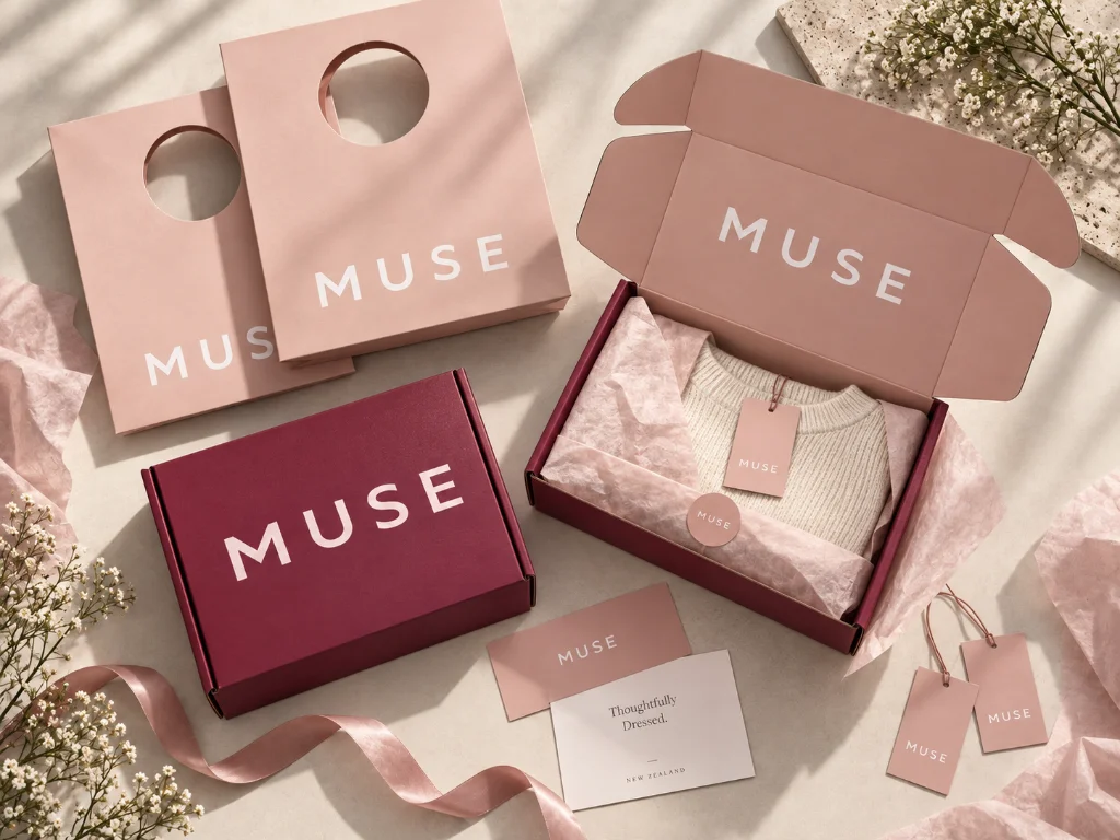 Combinación de colores de la marca MUSE en cajas postales y bolsas de papel premium (6)
