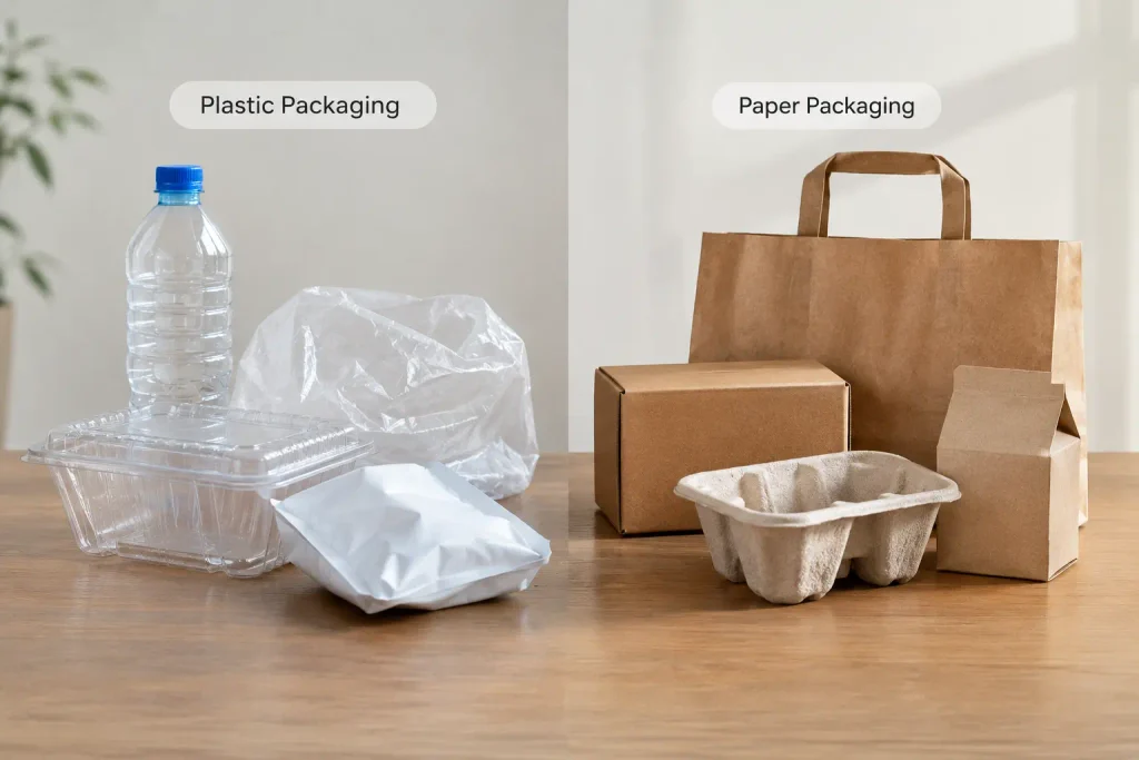 Plastic vs paper packaging side-by-side comparison